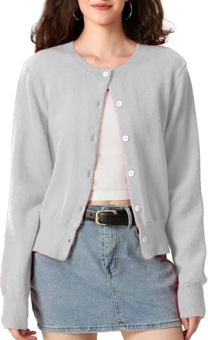 Women Y2k Button Up Cardigan Long Sleeve Knitted Crop Sweater Shirt Crew Neck Cute Solid Fall Knitwear Tops