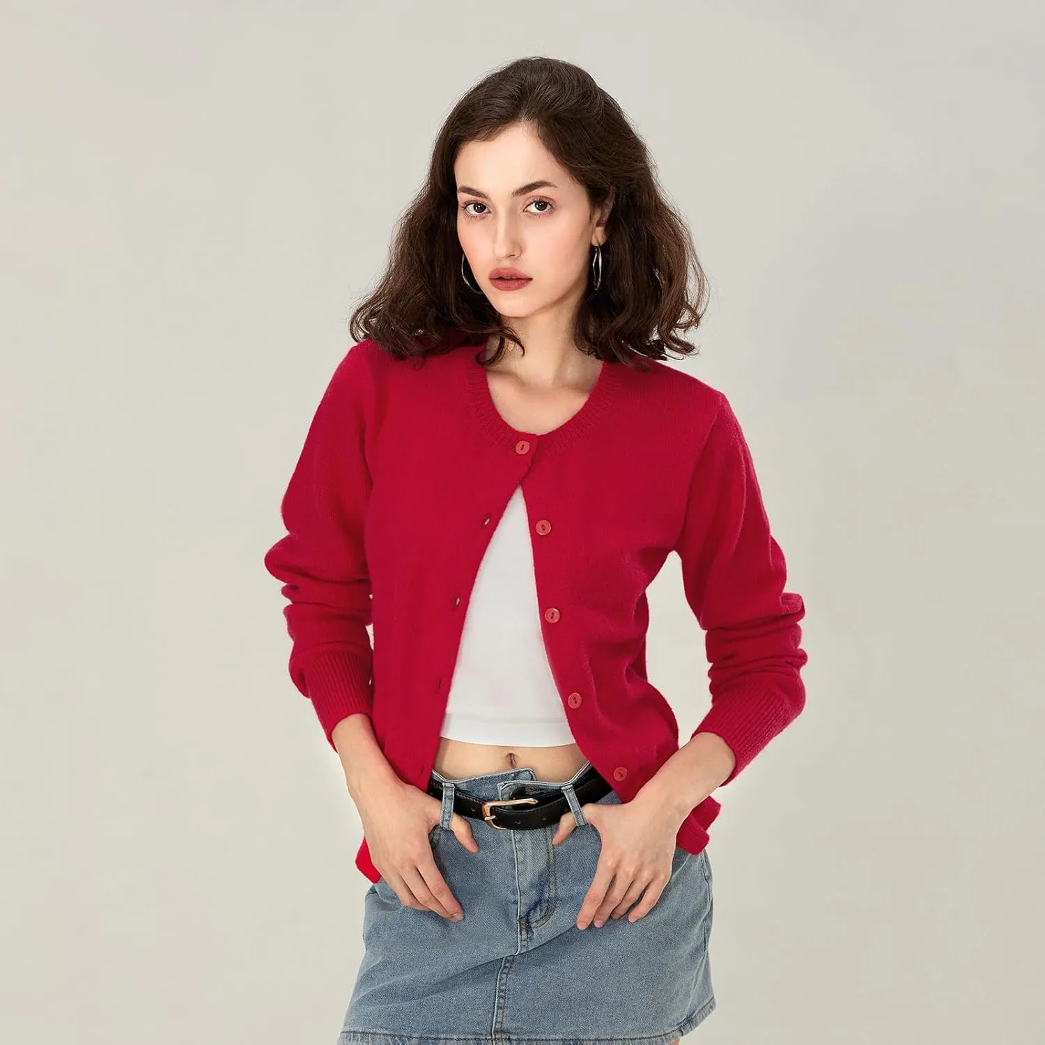 Women Y2k Button Up Cardigan Long Sleeve Knitted Crop Sweater Shirt Crew Neck Cute Solid Fall Knitwear Tops