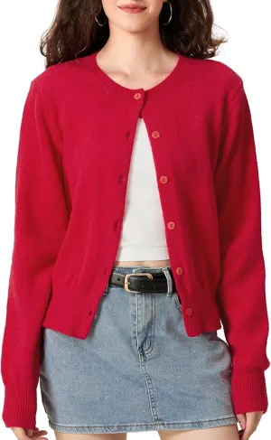 Women Y2k Button Up Cardigan Long Sleeve Knitted Crop Sweater Shirt Crew Neck Cute Solid Fall Knitwear Tops