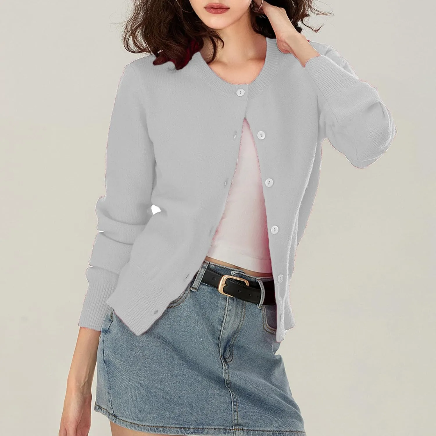 Women Y2k Button Up Cardigan Long Sleeve Knitted Crop Sweater Shirt Crew Neck Cute Solid Fall Knitwear Tops