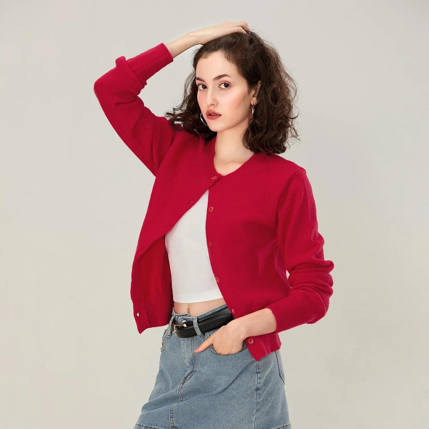 Women Y2k Button Up Cardigan Long Sleeve Knitted Crop Sweater Shirt Crew Neck Cute Solid Fall Knitwear Tops