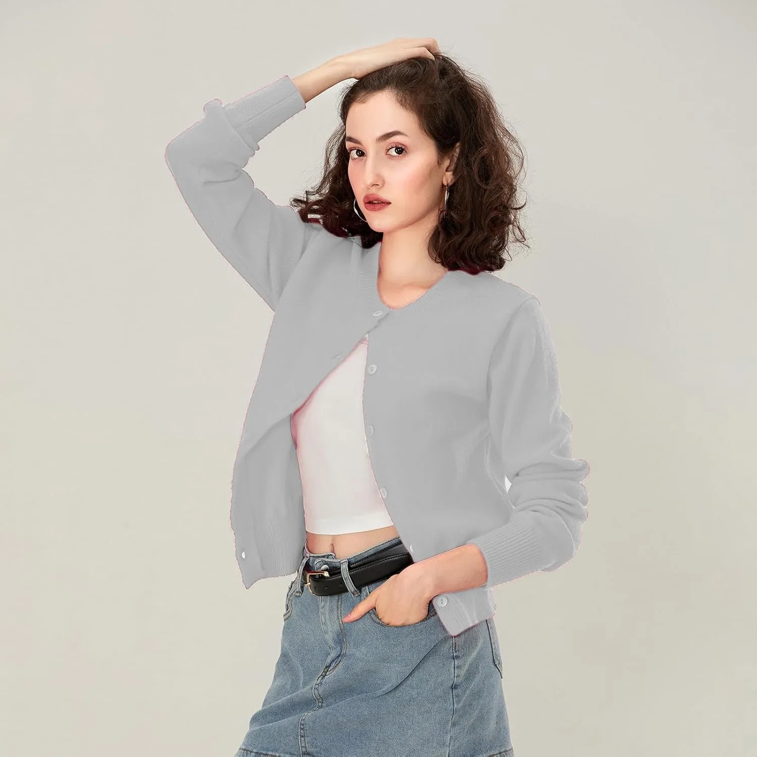 Women Y2k Button Up Cardigan Long Sleeve Knitted Crop Sweater Shirt Crew Neck Cute Solid Fall Knitwear Tops