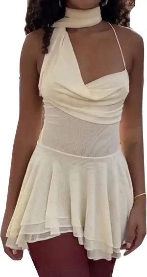 Women Y2k Halter Cowl Neck Ruffle Trim Formal Mini Dresses with Scarf Floral Mesh Backless Going Out Short Dresses
