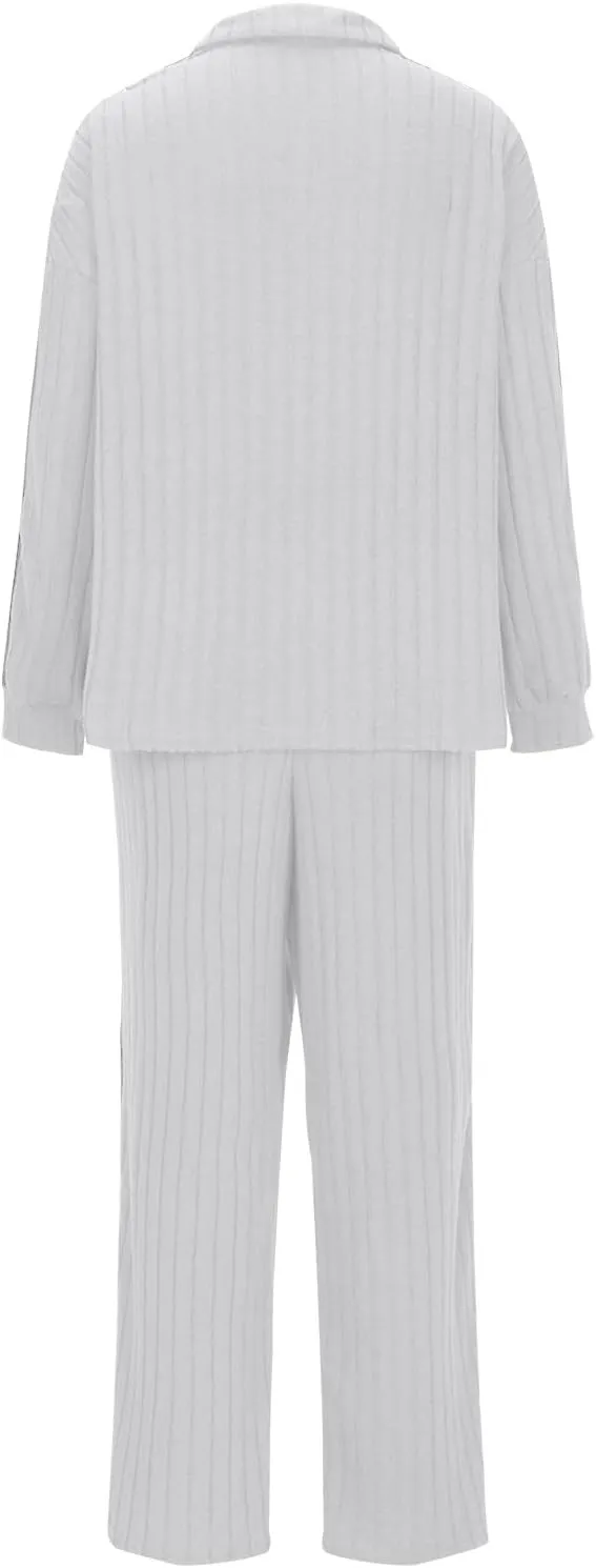 Womens 2 Piece Lounge Sets Ribbed Knit Long Sleeve Half Zipper Pullover Tops Wide Leg Pants Matching Sets Loungewear
