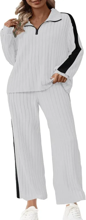 Womens 2 Piece Lounge Sets Ribbed Knit Long Sleeve Half Zipper Pullover Tops Wide Leg Pants Matching Sets Loungewear
