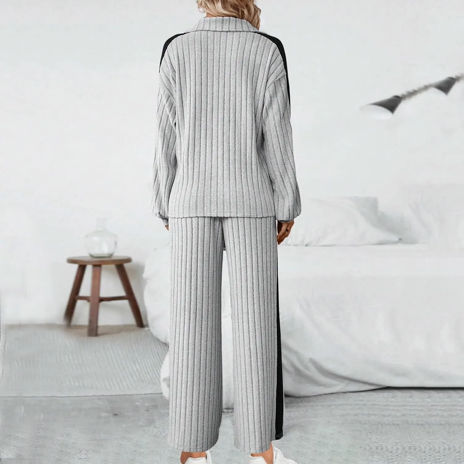 Womens 2 Piece Lounge Sets Ribbed Knit Long Sleeve Half Zipper Pullover Tops Wide Leg Pants Matching Sets Loungewear
