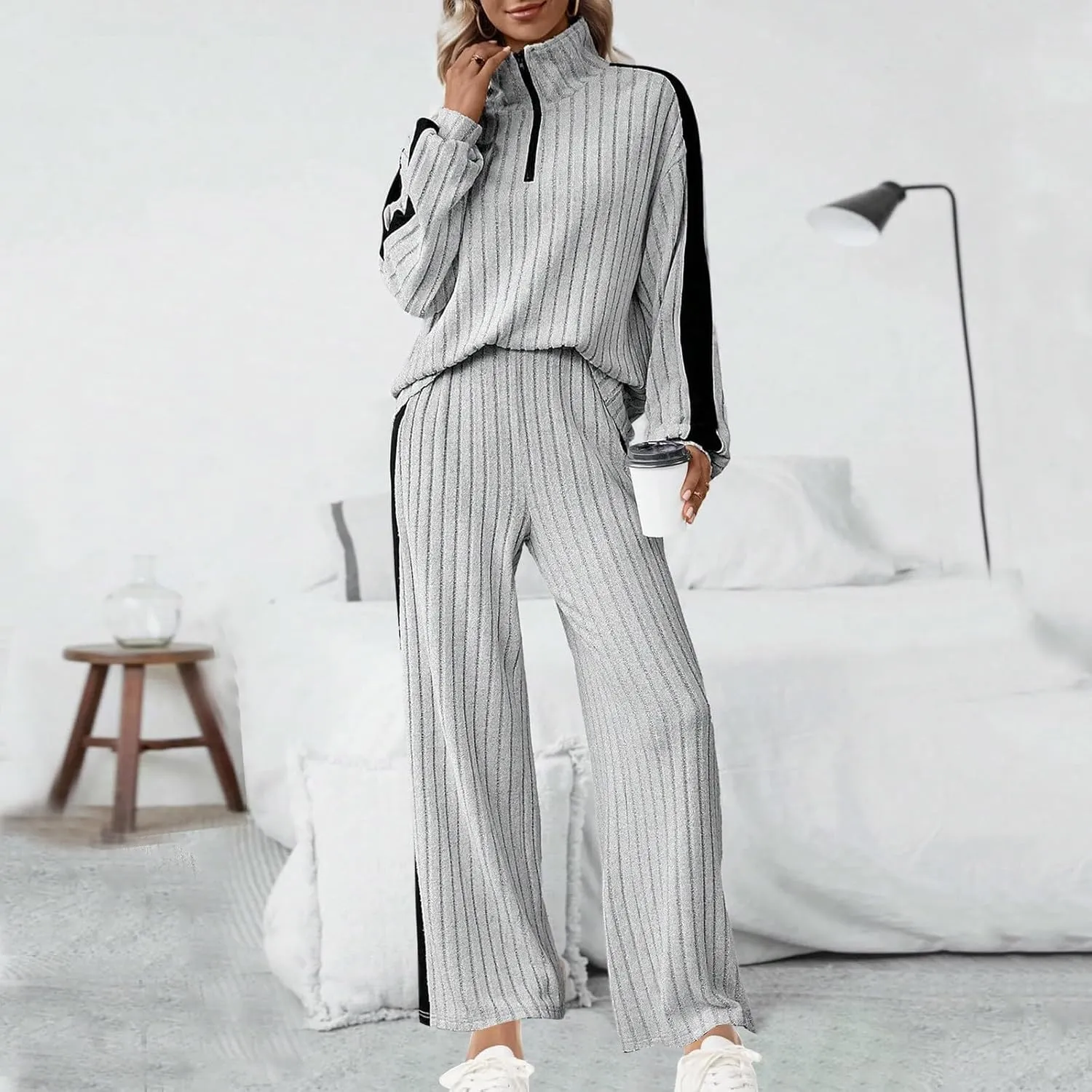 Womens 2 Piece Lounge Sets Ribbed Knit Long Sleeve Half Zipper Pullover Tops Wide Leg Pants Matching Sets Loungewear