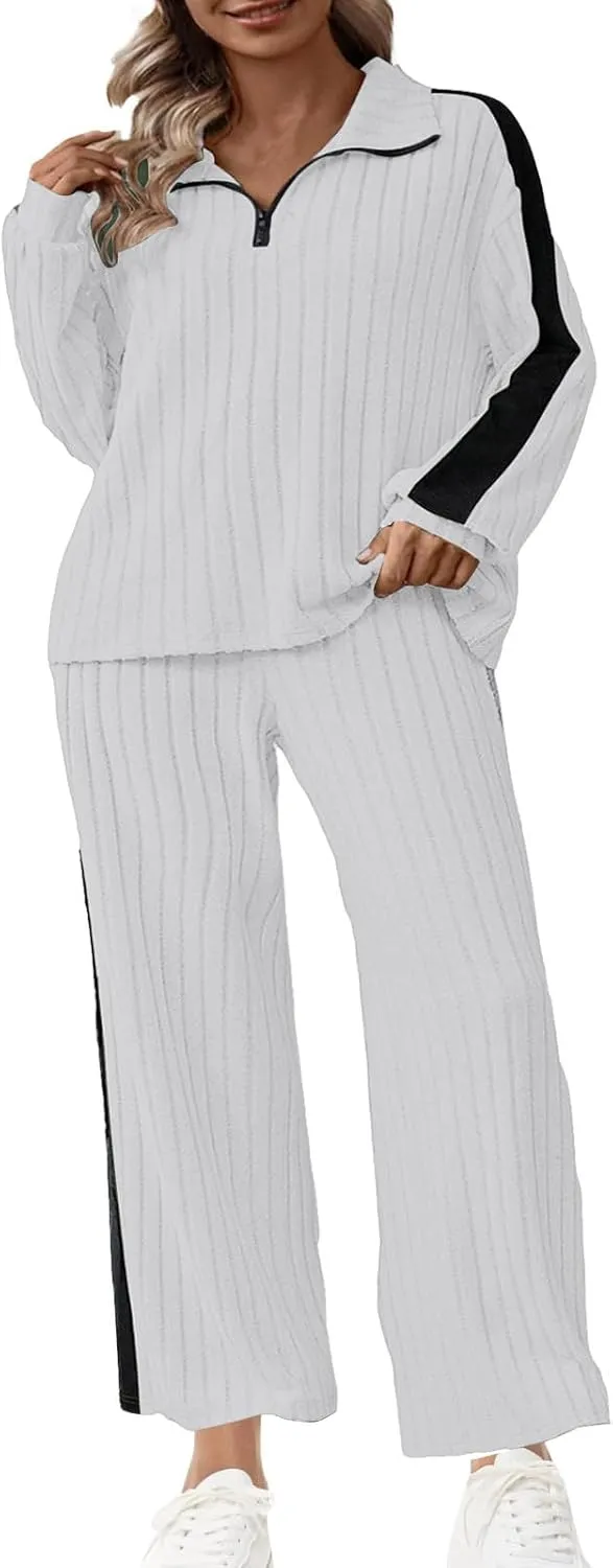 Womens 2 Piece Lounge Sets Ribbed Knit Long Sleeve Half Zipper Pullover Tops Wide Leg Pants Matching Sets Loungewear