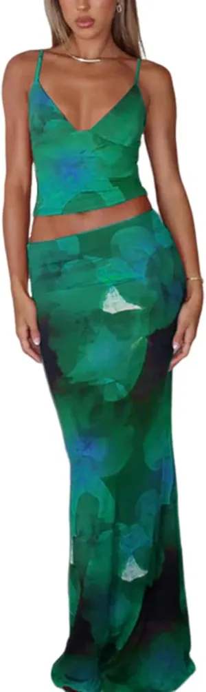 Women's 2 Piece Skirt Sets Maxi Skirt Set Floral Print Halter Top Maxi Skirt Sexy Going Out Y2K Outfits