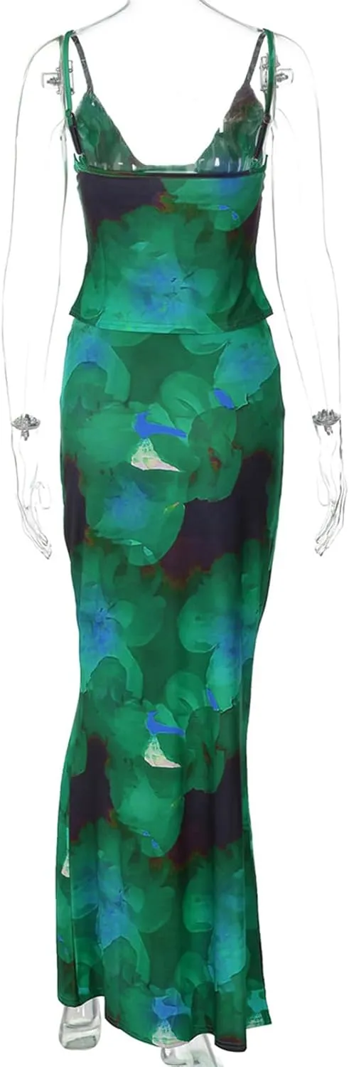 Women's 2 Piece Skirt Sets Maxi Skirt Set Floral Print Halter Top Maxi Skirt Sexy Going Out Y2K Outfits