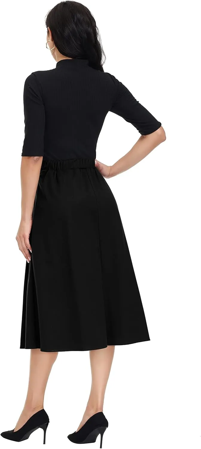 Women's A-line Skirt Casual Midi Skirts High Waist Flared Skatter Skirt