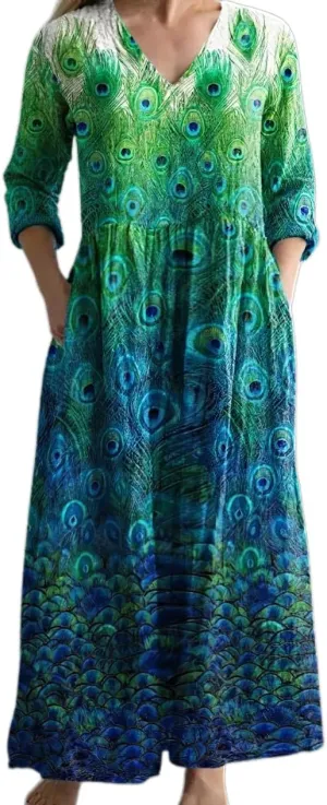 Women's Boho Floral Long Sleeve V Neck Maxi Dress Bohemian Baggy Oversized Casual Loose Dresses with Pockets