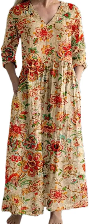 Women's Boho Floral Long Sleeve V Neck Maxi Dress Bohemian Baggy Oversized Casual Loose Dresses with Pockets