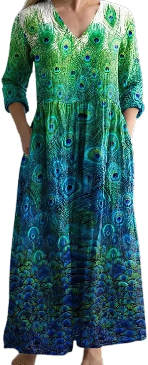 Women's Boho Floral Long Sleeve V Neck Maxi Dress Bohemian Baggy Oversized Casual Loose Dresses with Pockets