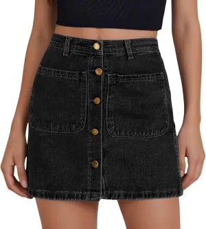 Women's Button Down High Waisted A Line Jean Stretchy Mini Denim Skirt Front Short Pencil Skirt with Pockets