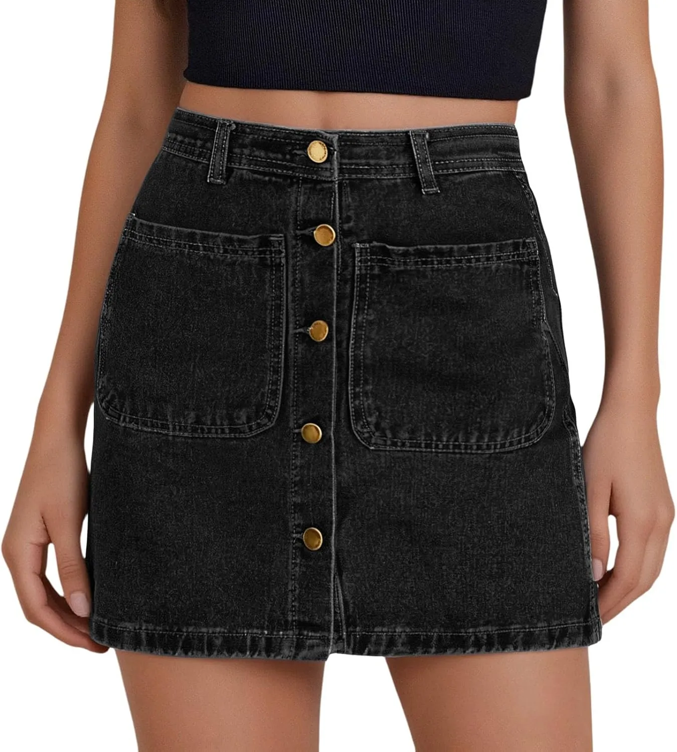 Women's Button Down High Waisted A Line Jean Stretchy Mini Denim Skirt Front Short Pencil Skirt with Pockets
