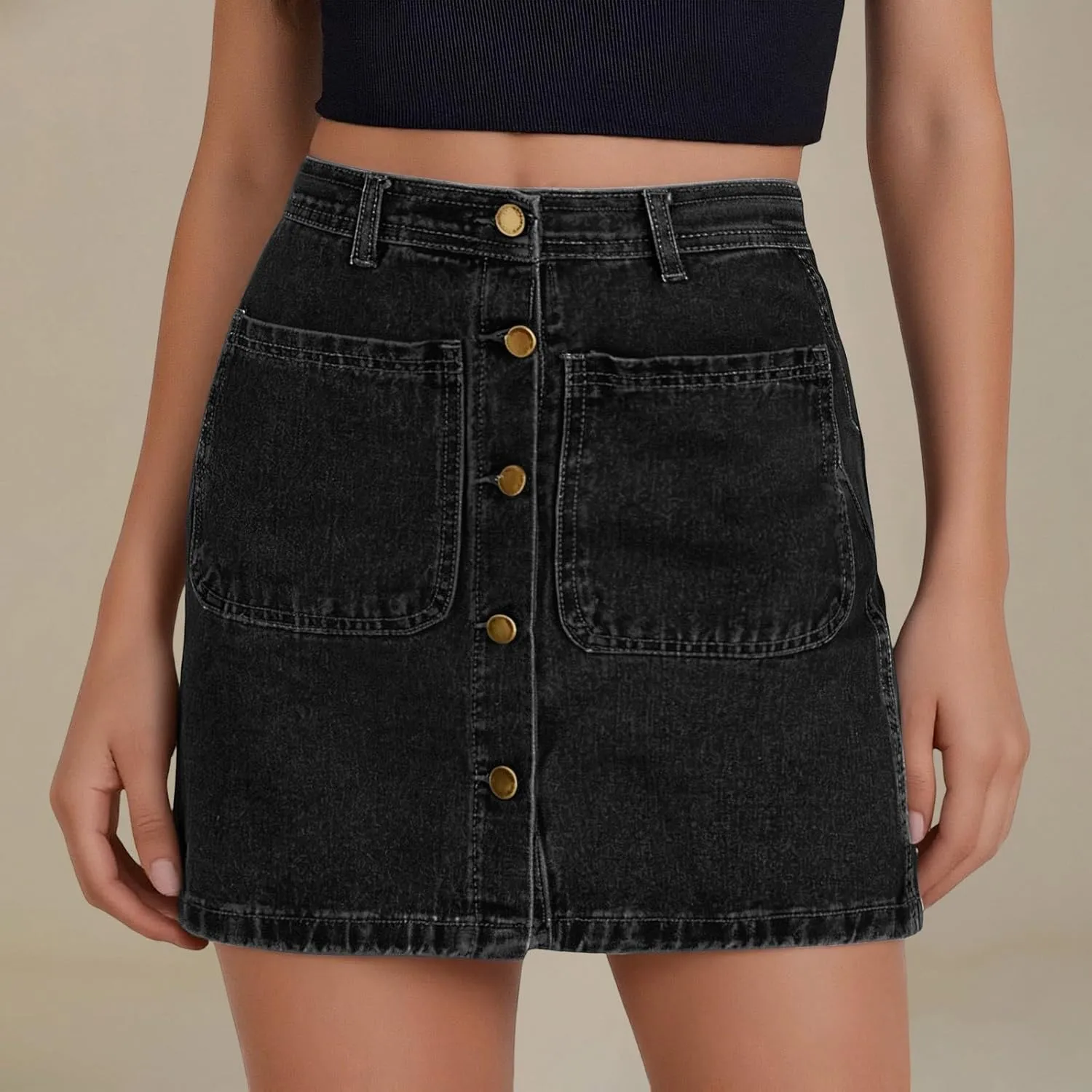 Women's Button Down High Waisted A Line Jean Stretchy Mini Denim Skirt Front Short Pencil Skirt with Pockets
