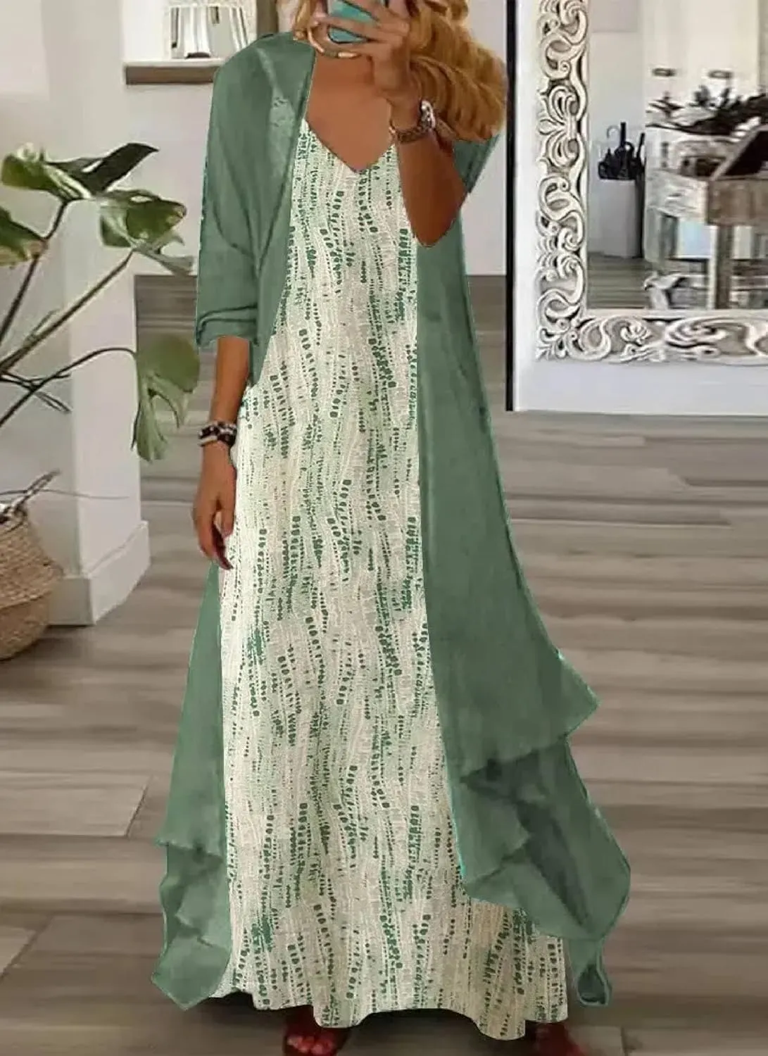 Women's Casual 2 Piece Set 2025 Flowy Summer Outfits Floral Print Maxi Dress with Jacket Loose Irregular Hem Dresses
