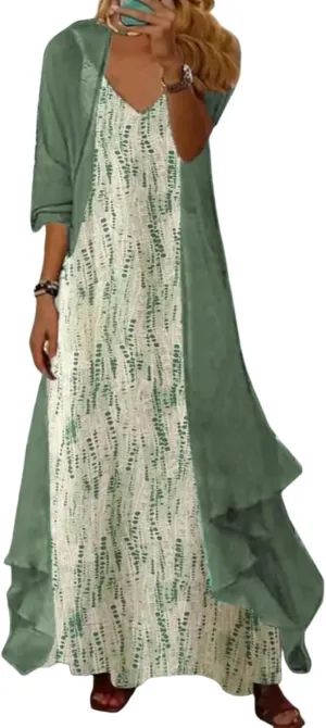 Women's Casual 2 Piece Set 2025 Flowy Summer Outfits Floral Print Maxi Dress with Jacket Loose Irregular Hem Dresses
