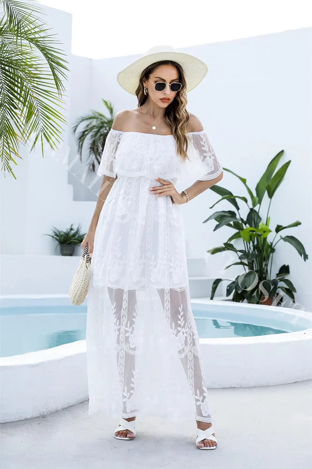 Women's Casual Off Shoulder Lace Maxi Dress Boho White Bridesmaid Wedding Evening Party Dresses