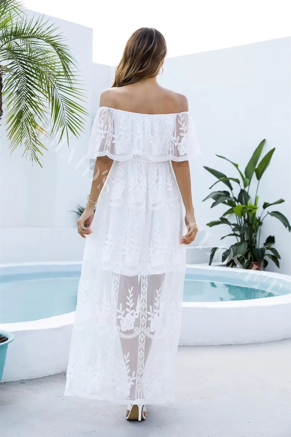 Women's Casual Off Shoulder Lace Maxi Dress Boho White Bridesmaid Wedding Evening Party Dresses