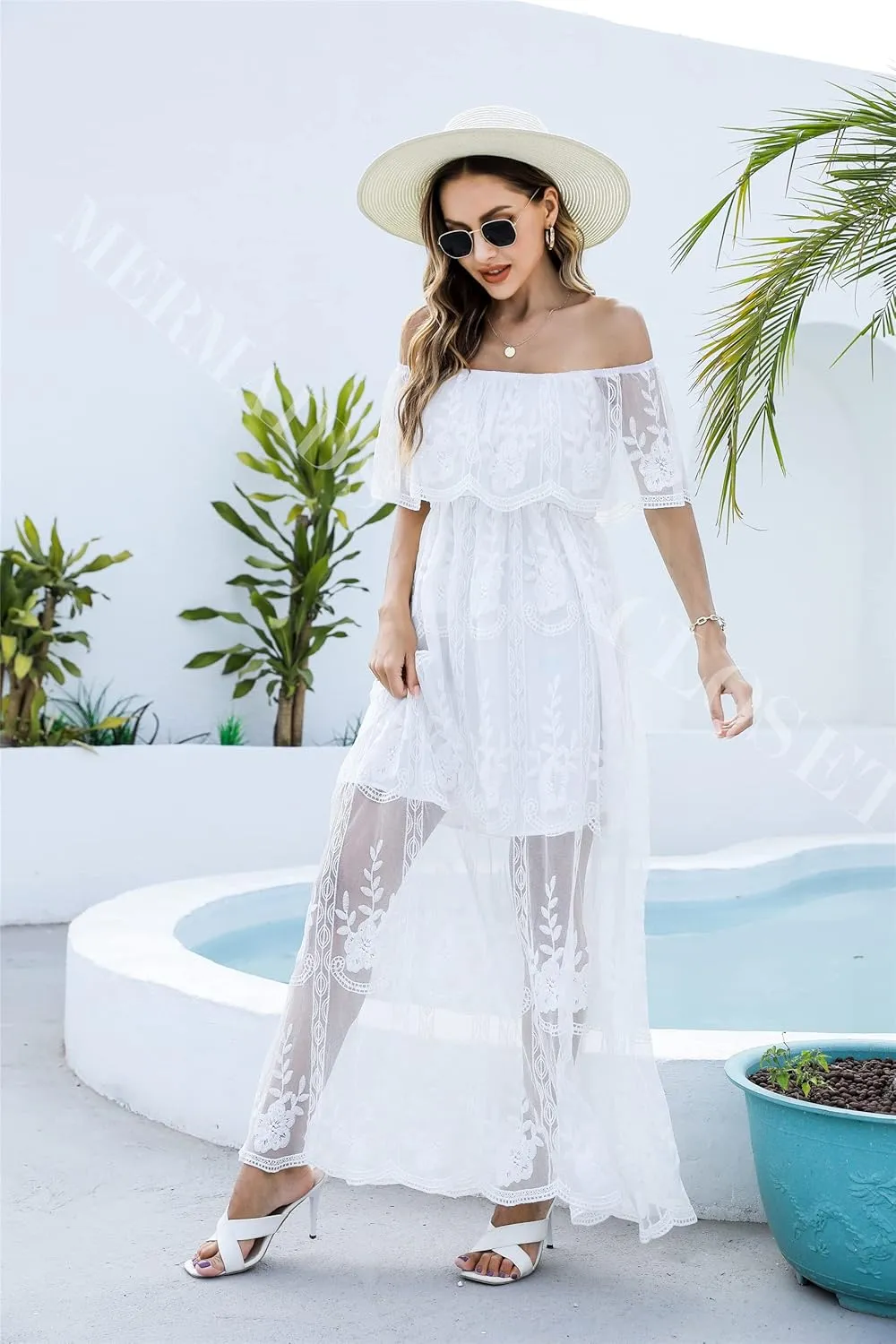 Women's Casual Off Shoulder Lace Maxi Dress Boho White Bridesmaid Wedding Evening Party Dresses