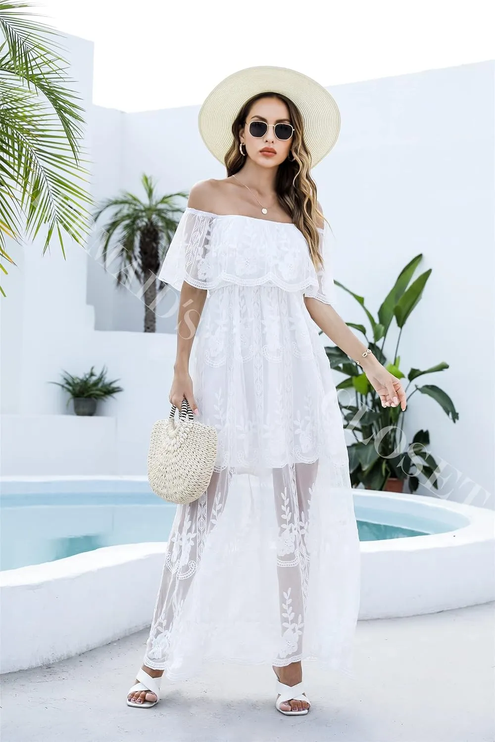 Women's Casual Off Shoulder Lace Maxi Dress Boho White Bridesmaid Wedding Evening Party Dresses