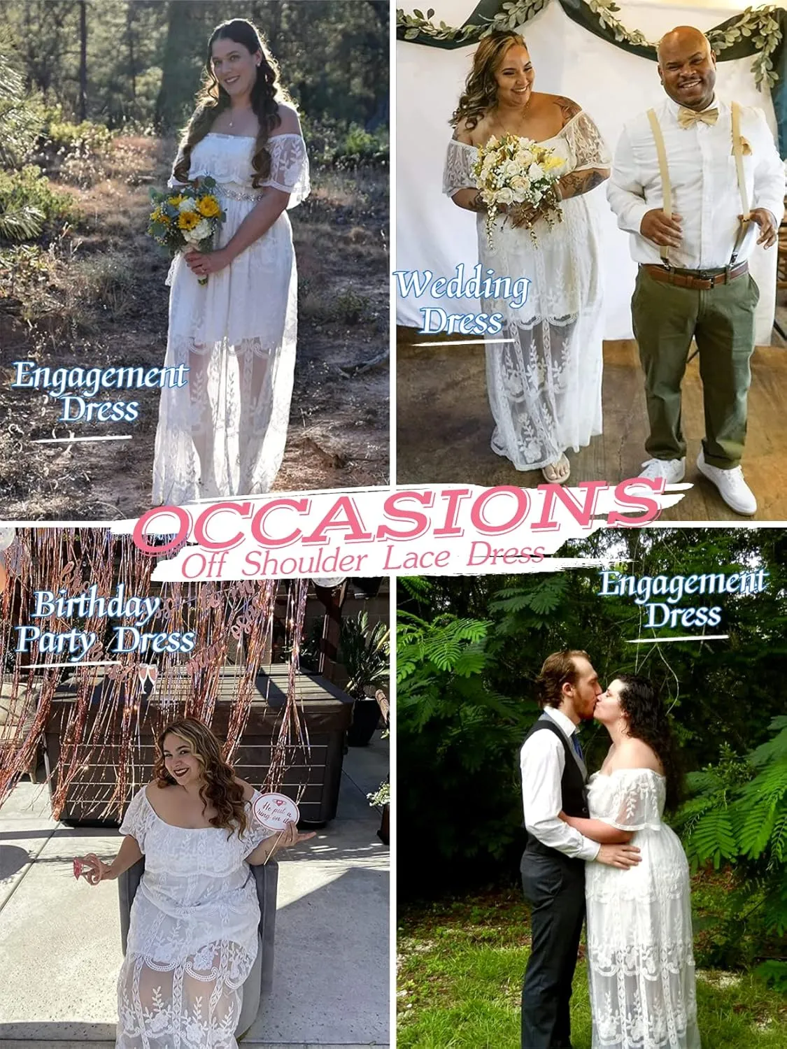 Women's Casual Off Shoulder Lace Maxi Dress Boho White Bridesmaid Wedding Evening Party Dresses