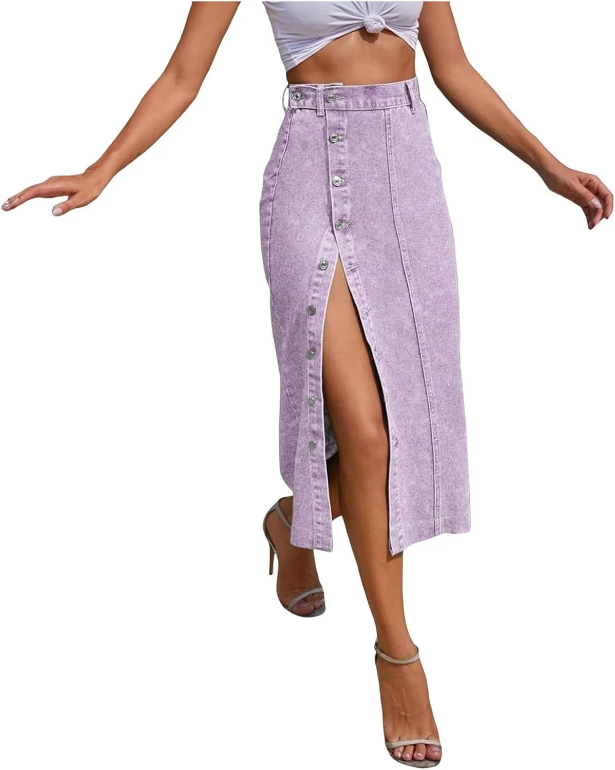 Women's Casual Slit Midi Denim Skirt High Waisted Button Front Split Slim Fit Pencil Jean Skirts