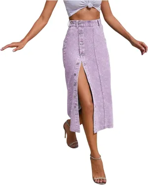 Women's Casual Slit Midi Denim Skirt High Waisted Button Front Split Slim Fit Pencil Jean Skirts