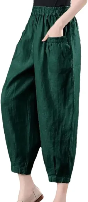 Women's Cotton and Linen Casual Pants Loose Solid Color High Waist Pocket Harem Pants