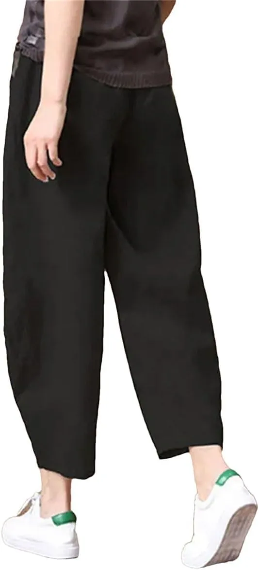Womens Cotton Linen Harem Pants Vintage High Waist Elastic Ankle-Length Pants Loose Casual Beach Trousers