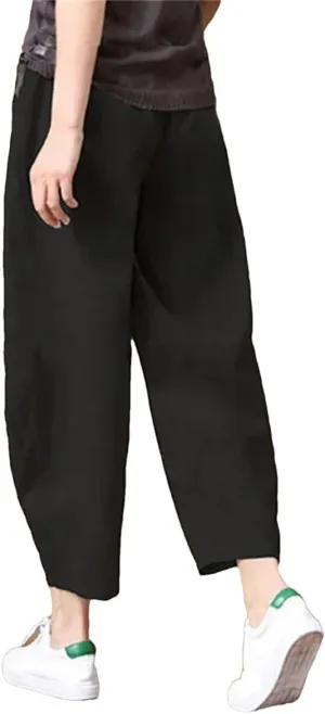 Womens Cotton Linen Harem Pants Vintage High Waist Elastic Ankle-Length Pants Loose Casual Beach Trousers