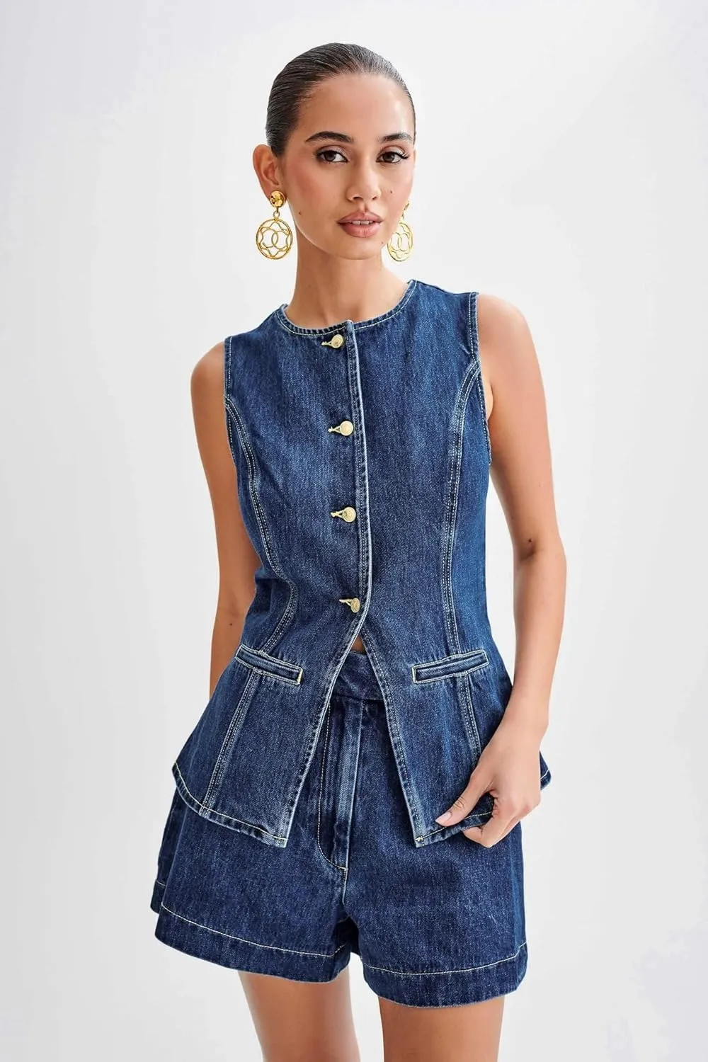 Womens Denim Long Vest Waistcoat Vest Sleeveless Button-Up Back Slit Jean Jacket Vest Y2k Clothes