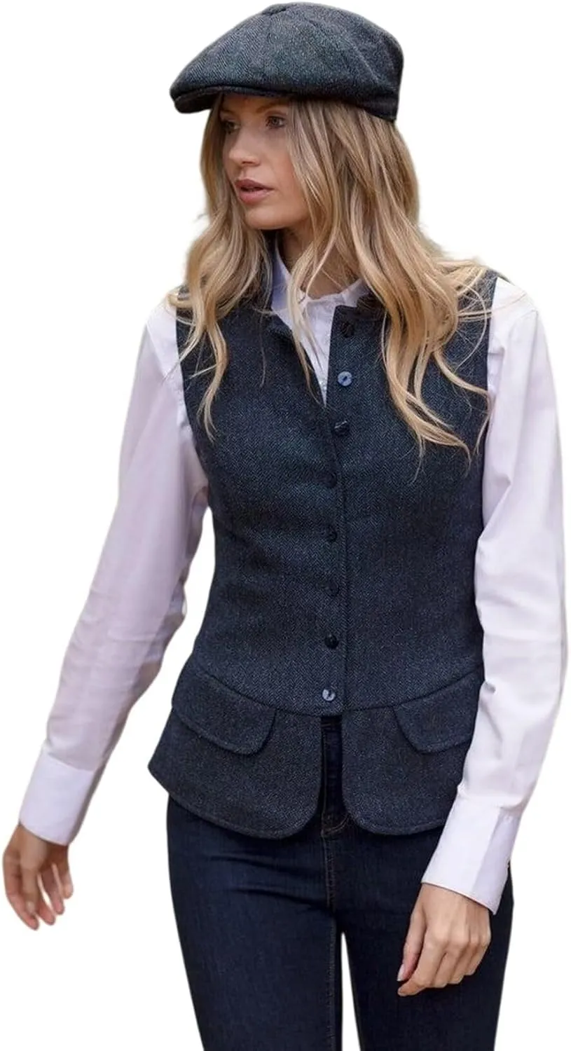 Women's Herringbone Tweed Vest Dressy Waistcoat Sleeveless Jacket