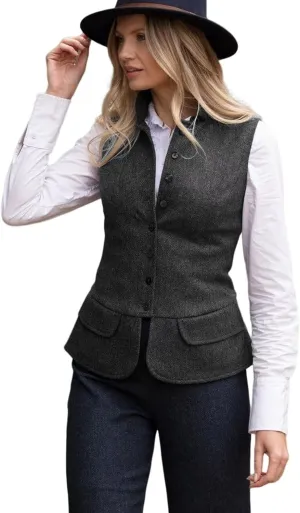 Women's Herringbone Tweed Vest Dressy Waistcoat Sleeveless Jacket