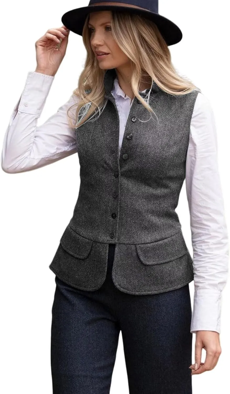 Women's Herringbone Tweed Vest Dressy Waistcoat Sleeveless Jacket