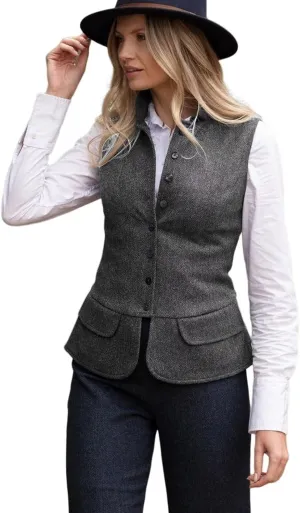 Women's Herringbone Tweed Vest Dressy Waistcoat Sleeveless Jacket