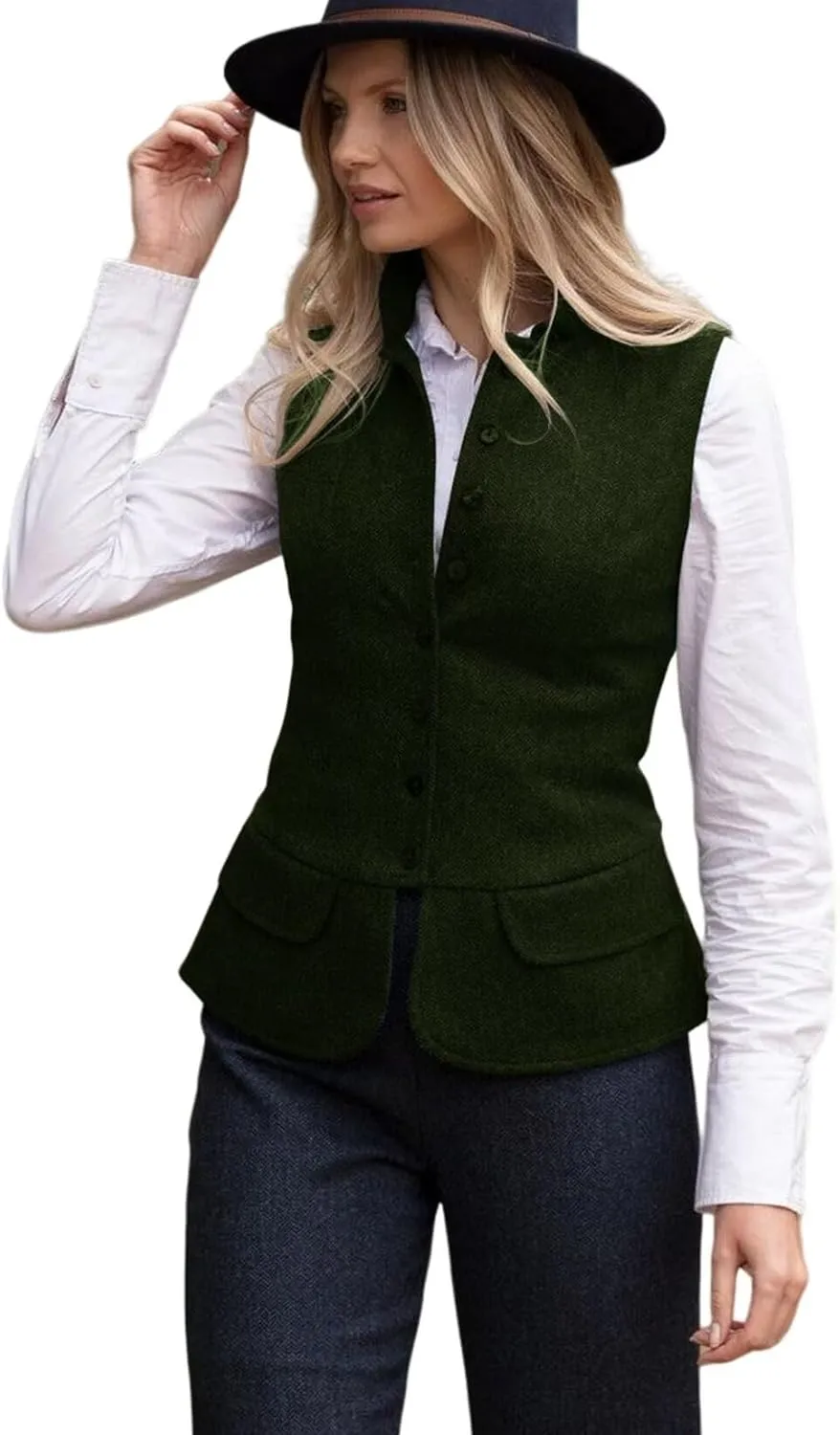 Women's Herringbone Tweed Vest Dressy Waistcoat Sleeveless Jacket