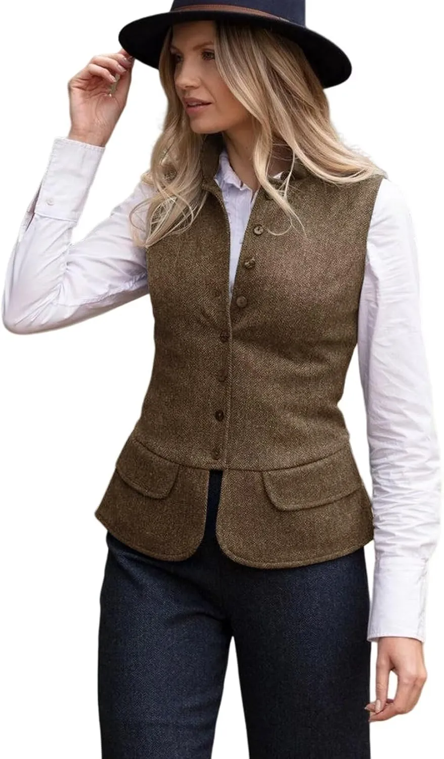 Women's Herringbone Tweed Vest Dressy Waistcoat Sleeveless Jacket