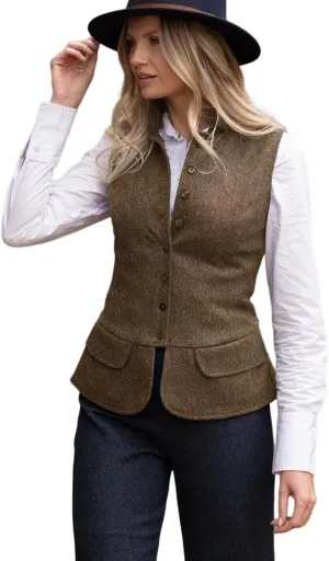 Women's Herringbone Tweed Vest Dressy Waistcoat Sleeveless Jacket