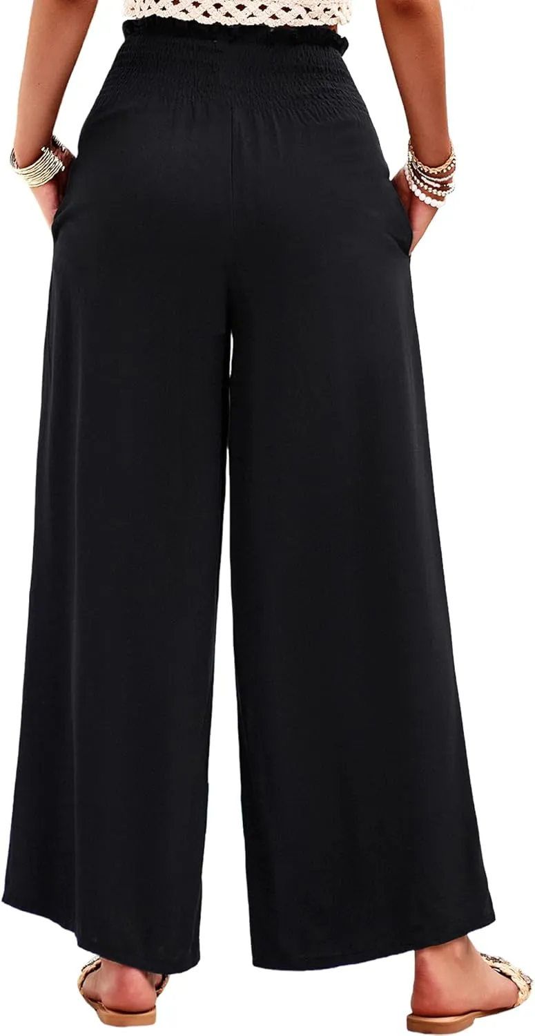 Women's High Waist Linen Palazzo Pants Summer Wide Leg Casual Lounge Trousers Long Pants with Pockets