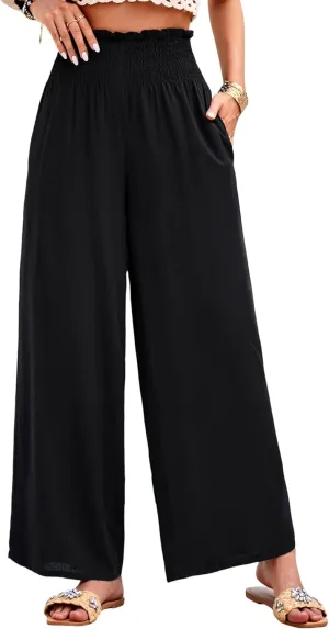 Women's High Waist Linen Palazzo Pants Summer Wide Leg Casual Lounge Trousers Long Pants with Pockets