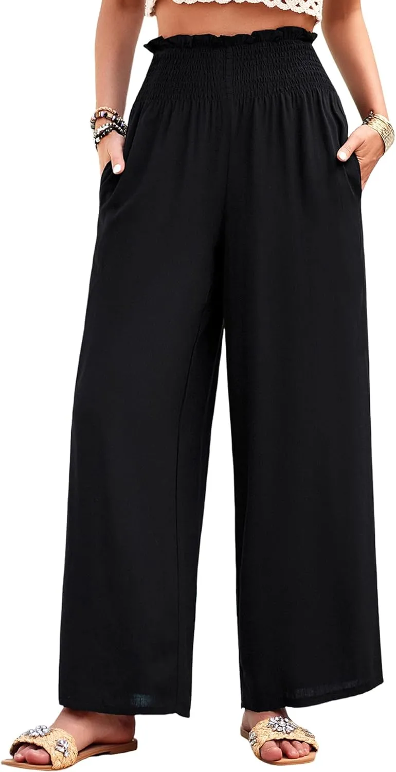 Women's High Waist Linen Palazzo Pants Summer Wide Leg Casual Lounge Trousers Long Pants with Pockets