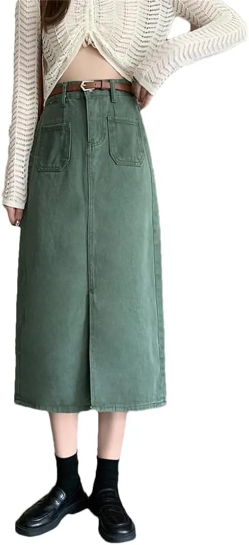 Women's High Waisted 4 Big Pockets Denim Skirt with Slit Solid Color Casual A-Line Midi Skirts