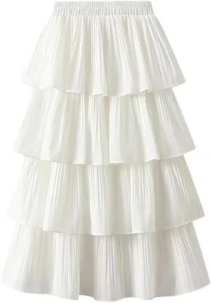 Women's High Waisted Ruffled Pleated Half Skirt Solid Color Casual Loose Elastic Long Skirt