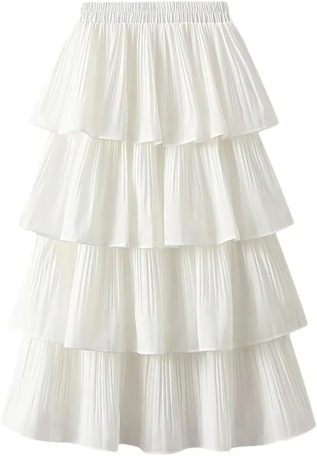 Women's High Waisted Ruffled Pleated Half Skirt Solid Color Casual Loose Elastic Long Skirt