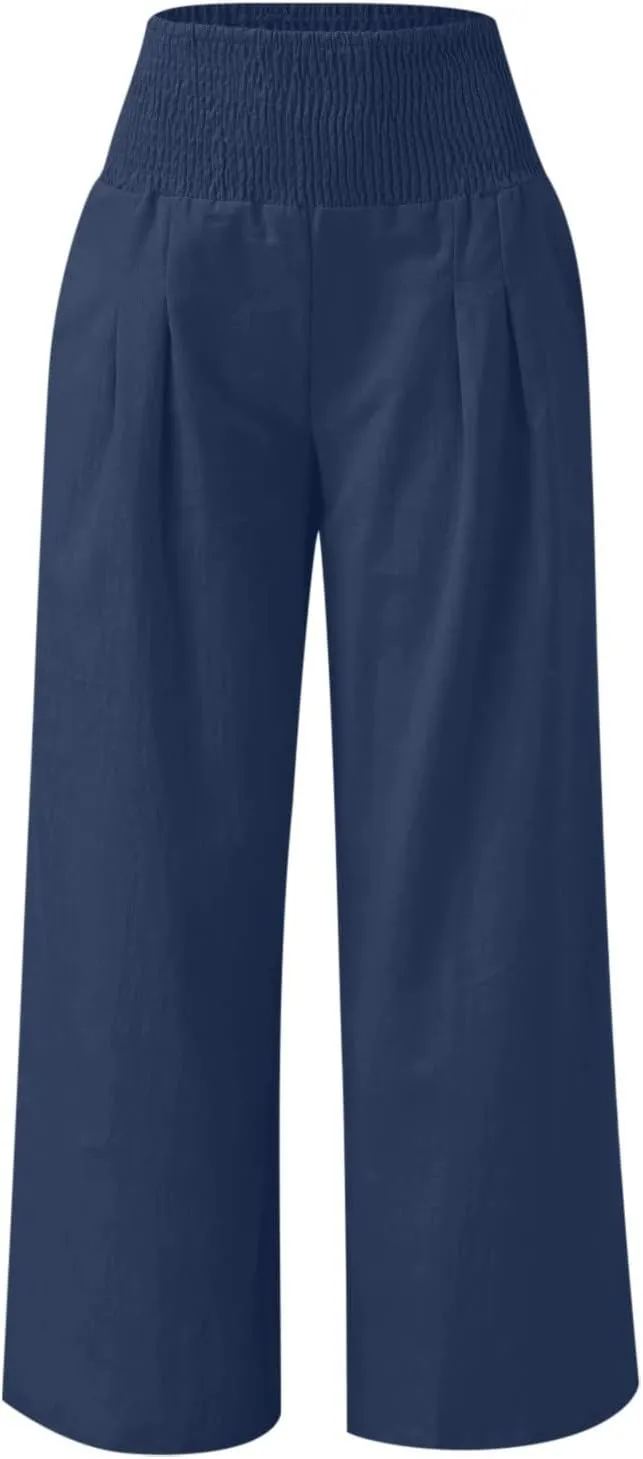 Womens Linen Pants 2025 Summer Casual Loose Wide Leg Palazzo Pants Smocked High Waist Flowy Beach Trousers Outfits