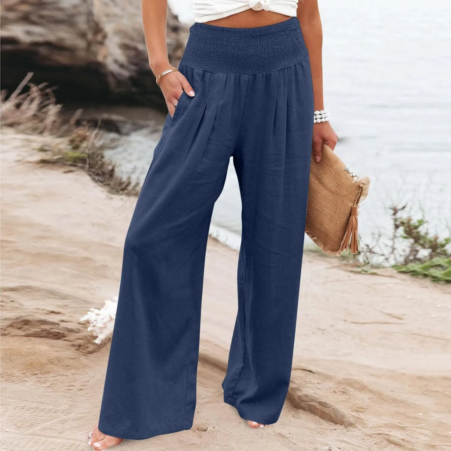 Womens Linen Pants 2025 Summer Casual Loose Wide Leg Palazzo Pants Smocked High Waist Flowy Beach Trousers Outfits