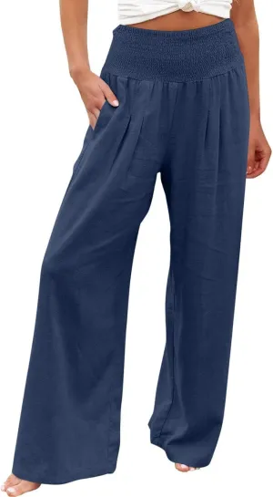 Womens Linen Pants 2025 Summer Casual Loose Wide Leg Palazzo Pants Smocked High Waist Flowy Beach Trousers Outfits